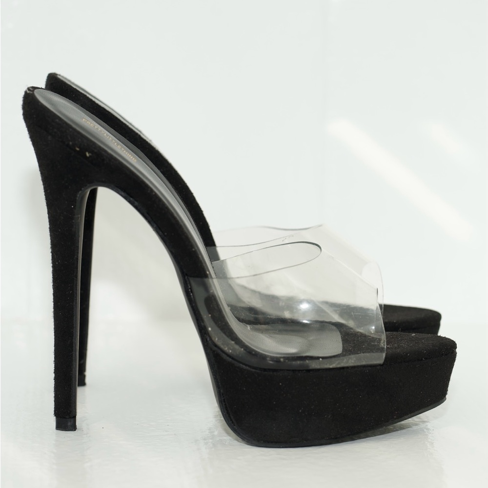 Pretty Little Thing BLACK HIGH PLATFORM CLEAR MULE SANDALS Suede PVC Size UK 6 - Picture 2 of 16